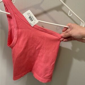 One shoulder ribbed south moon under pink top